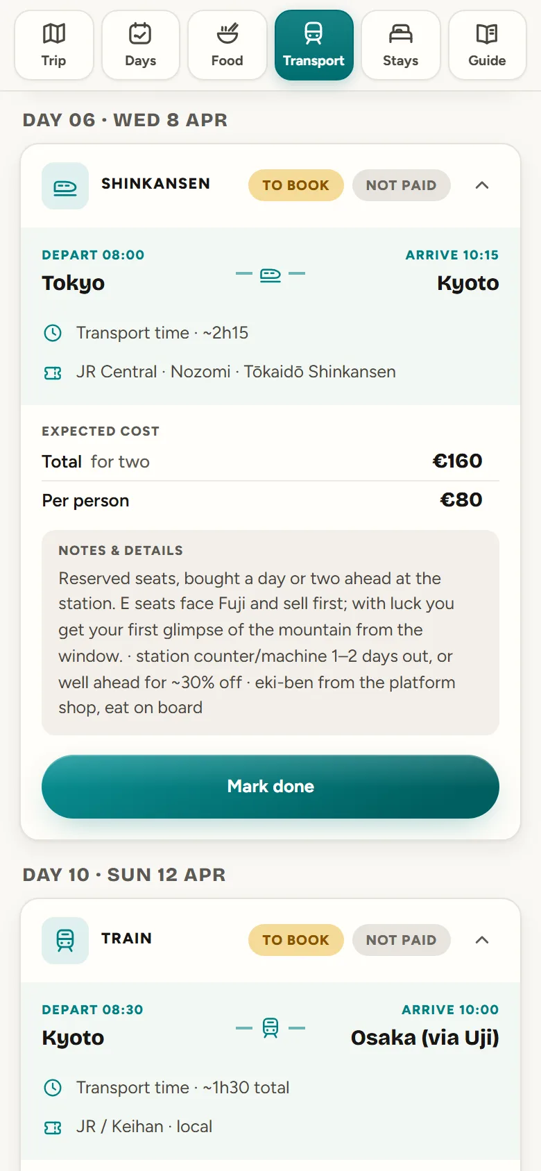The Tokyo to Kyoto shinkansen card: times, train, cost for two and per person, and booking notes